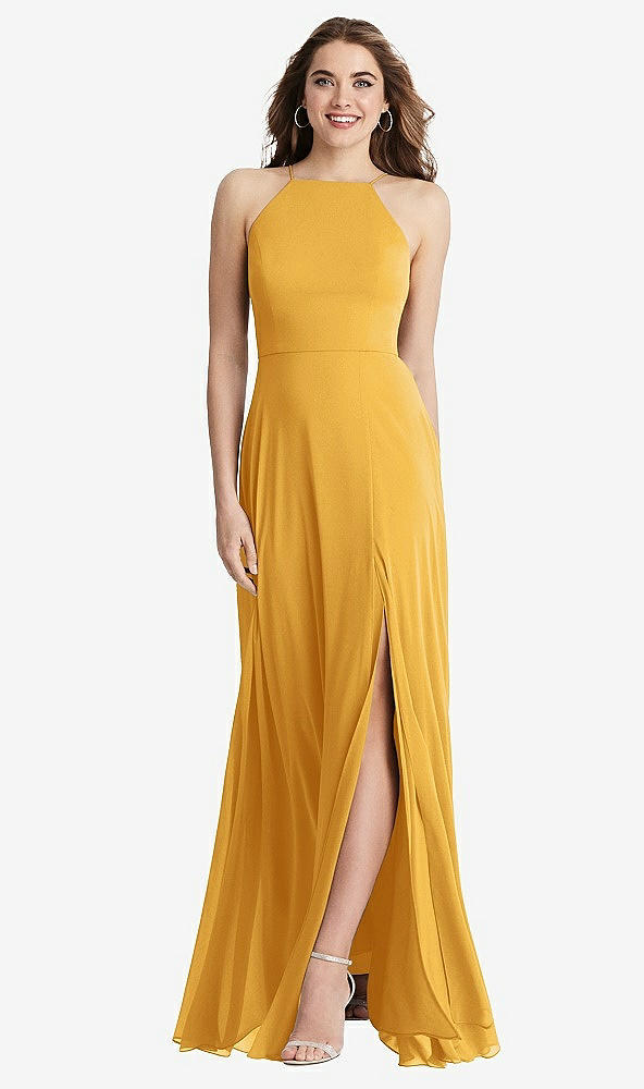 Front View - NYC Yellow High Neck Chiffon Maxi Dress with Front Slit - Lela