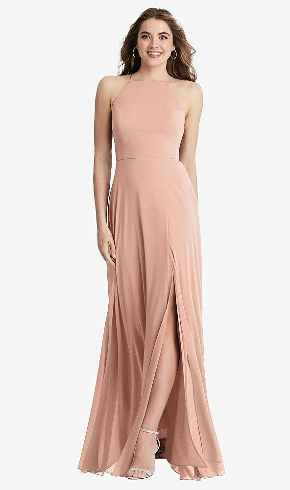 Front View - Pale Peach High Neck Chiffon Maxi Dress with Front Slit - Lela