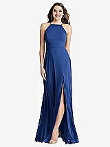 Front View Thumbnail - Classic Blue High Neck Chiffon Maxi Dress with Front Slit - Lela