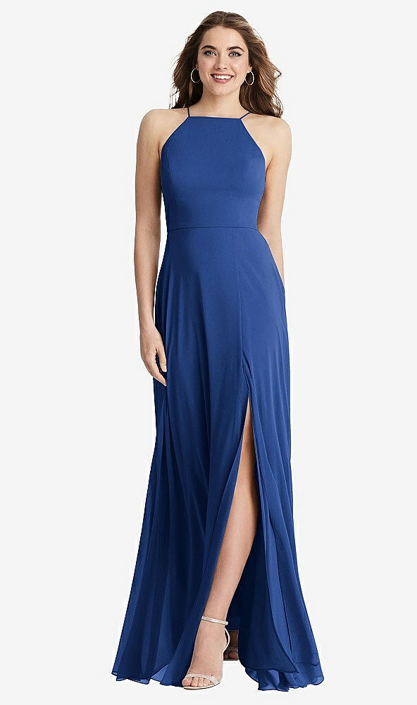 Front View - Classic Blue High Neck Chiffon Maxi Dress with Front Slit - Lela