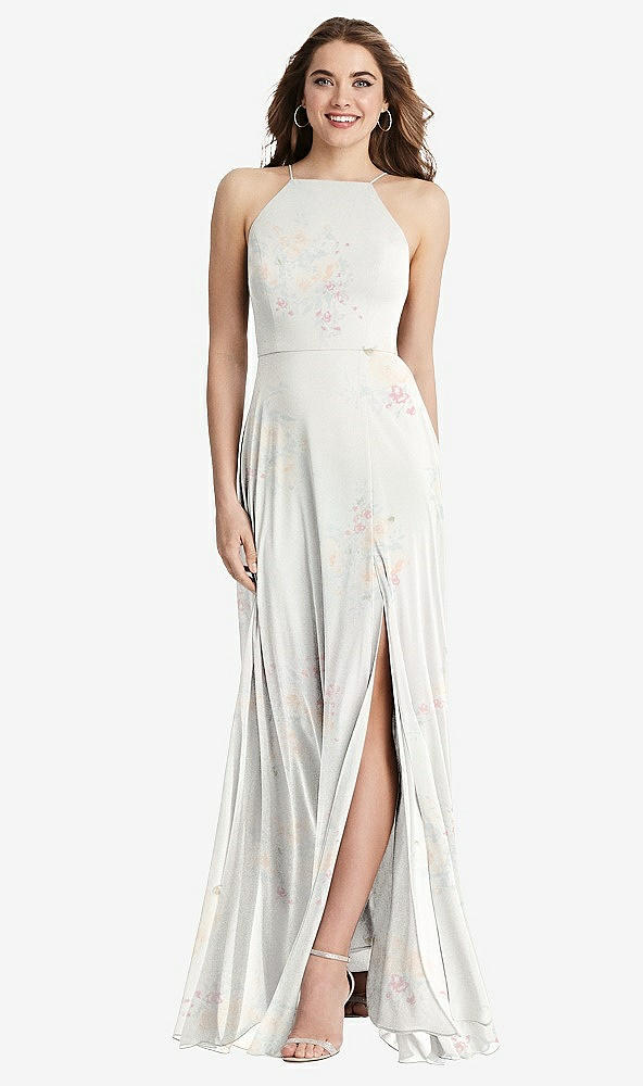 Front View - Spring Fling High Neck Chiffon Maxi Dress with Front Slit - Lela