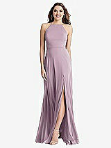 Front View Thumbnail - Suede Rose High Neck Chiffon Maxi Dress with Front Slit - Lela