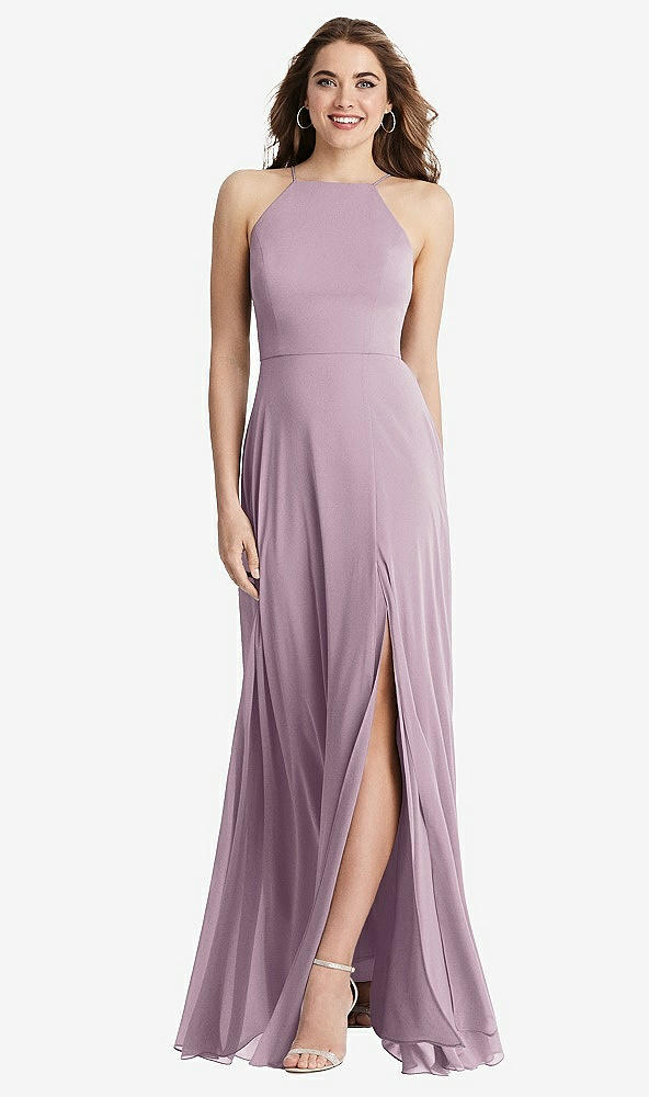 Front View - Suede Rose High Neck Chiffon Maxi Dress with Front Slit - Lela