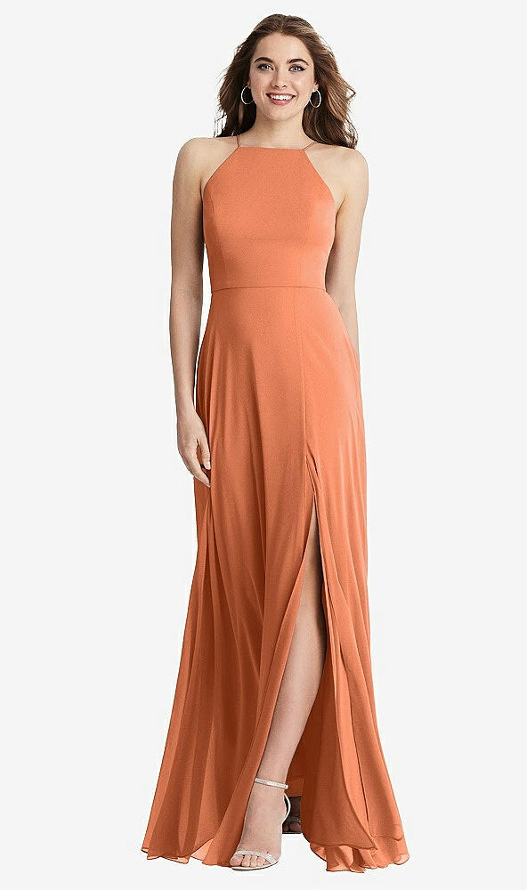 Front View - Sweet Melon High Neck Chiffon Maxi Dress with Front Slit - Lela