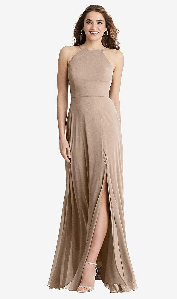 Front View - Topaz High Neck Chiffon Maxi Dress with Front Slit - Lela