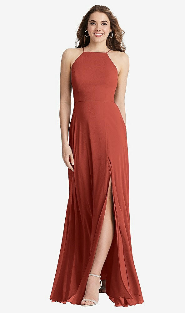 Front View - Amber Sunset High Neck Chiffon Maxi Dress with Front Slit - Lela