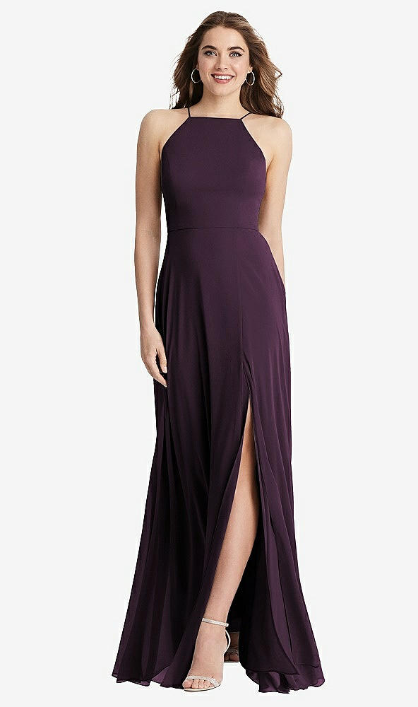 Front View - Aubergine High Neck Chiffon Maxi Dress with Front Slit - Lela