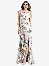 Front View Thumbnail - Butterfly Botanica Ivory High Neck Chiffon Maxi Dress with Front Slit - Lela