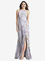 Front View Thumbnail - Butterfly Botanica Silver Dove High Neck Chiffon Maxi Dress with Front Slit - Lela