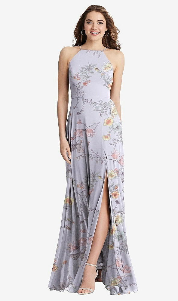 Front View - Butterfly Botanica Silver Dove High Neck Chiffon Maxi Dress with Front Slit - Lela