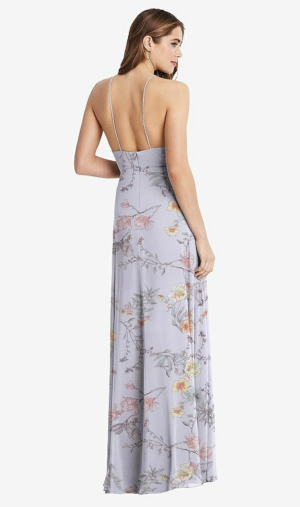 Back View - Butterfly Botanica Silver Dove High Neck Chiffon Maxi Dress with Front Slit - Lela