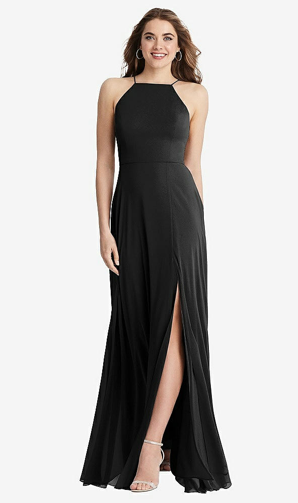 Front View - Black High Neck Chiffon Maxi Dress with Front Slit - Lela
