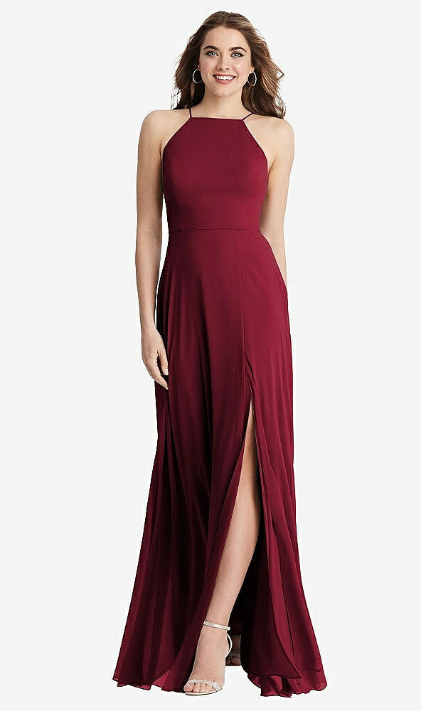 Front View - Burgundy High Neck Chiffon Maxi Dress with Front Slit - Lela