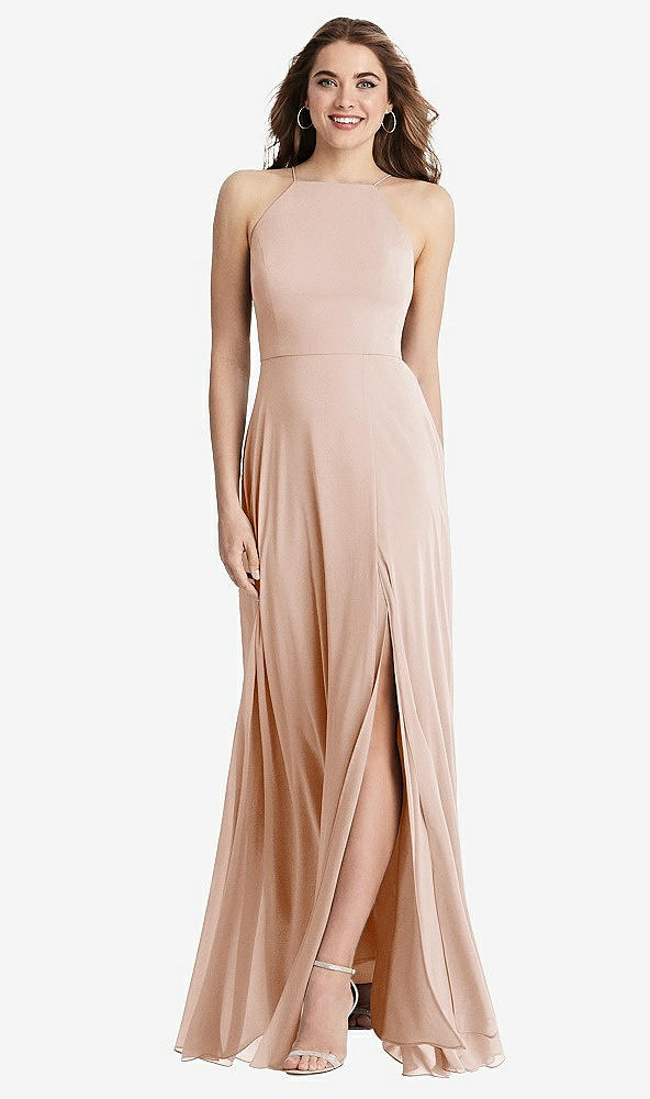 Front View - Cameo High Neck Chiffon Maxi Dress with Front Slit - Lela