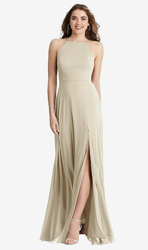 Front View - Champagne High Neck Chiffon Maxi Dress with Front Slit - Lela