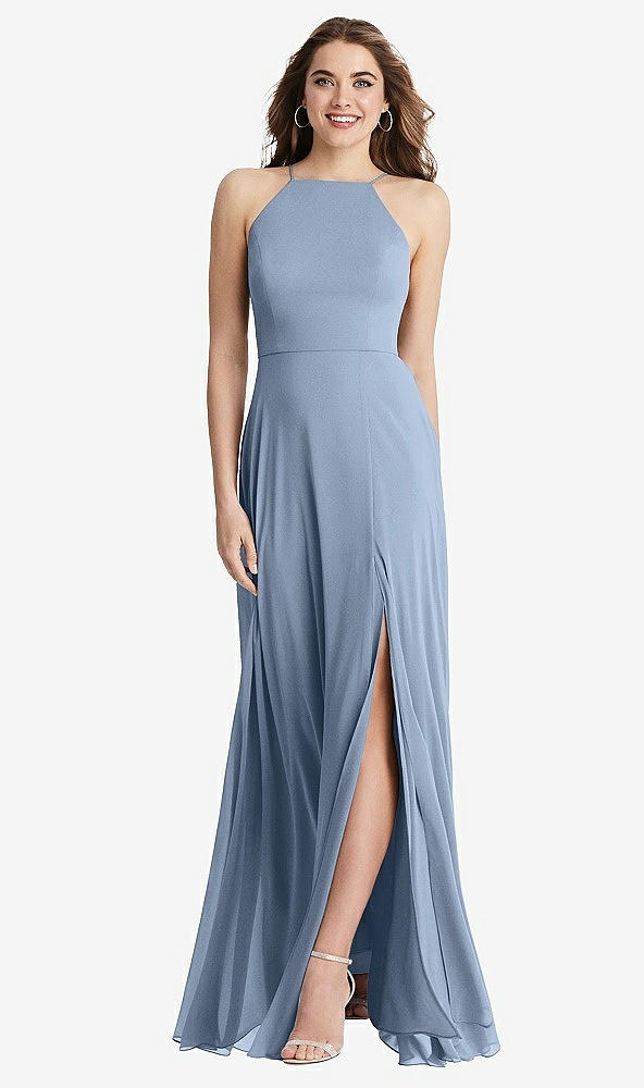Front View - Cloudy High Neck Chiffon Maxi Dress with Front Slit - Lela