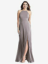 Front View Thumbnail - Cashmere Gray High Neck Chiffon Maxi Dress with Front Slit - Lela