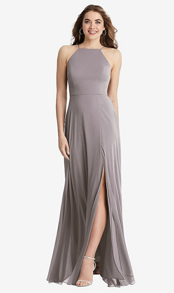 Front View - Cashmere Gray High Neck Chiffon Maxi Dress with Front Slit - Lela