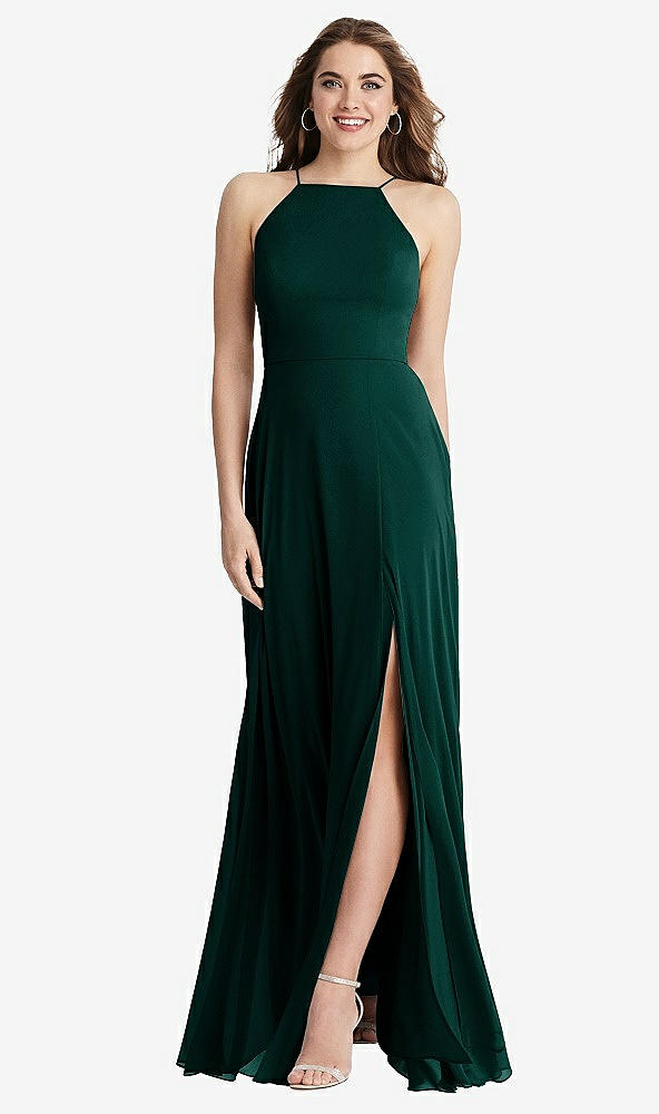 Front View - Evergreen High Neck Chiffon Maxi Dress with Front Slit - Lela