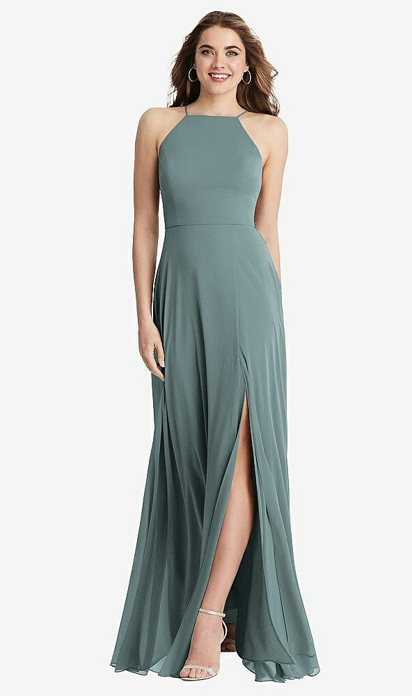 Front View - Icelandic High Neck Chiffon Maxi Dress with Front Slit - Lela
