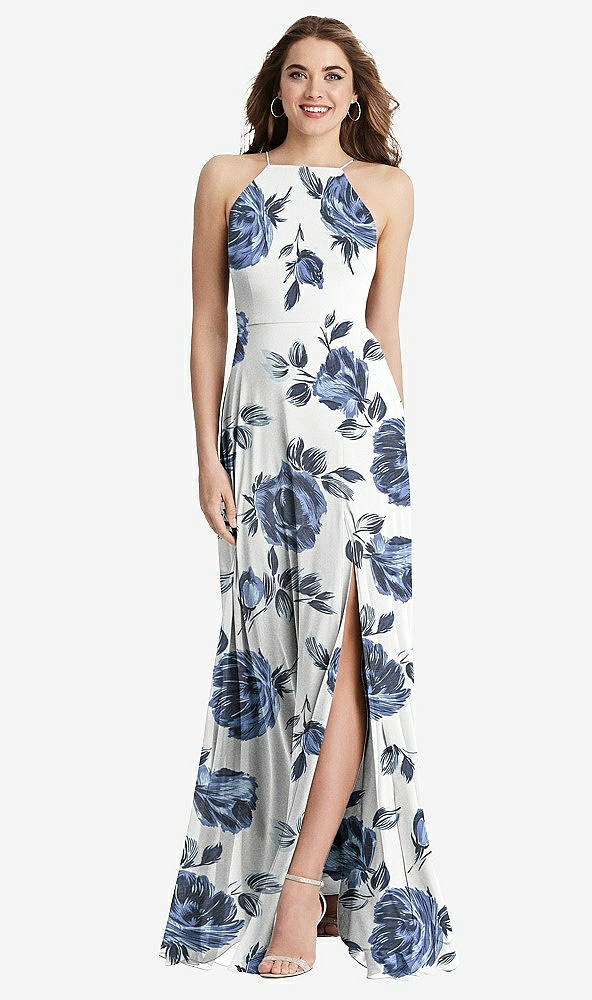 Front View - Indigo Rose High Neck Chiffon Maxi Dress with Front Slit - Lela