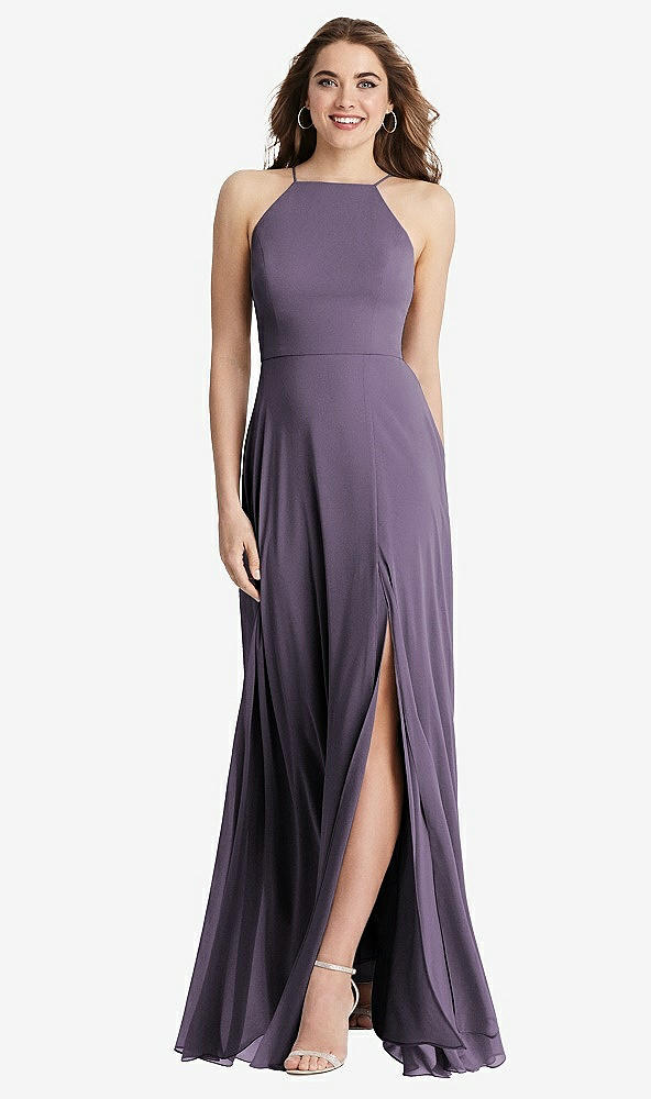 Front View - Lavender High Neck Chiffon Maxi Dress with Front Slit - Lela