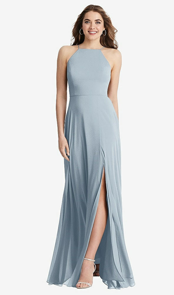 Front View - Mist High Neck Chiffon Maxi Dress with Front Slit - Lela
