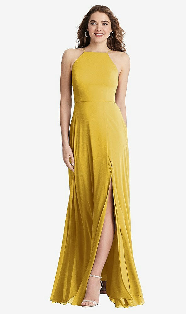 Front View - Marigold High Neck Chiffon Maxi Dress with Front Slit - Lela