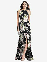 Front View Thumbnail - Noir Garden High Neck Chiffon Maxi Dress with Front Slit - Lela