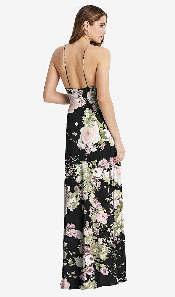 Back View - Noir Garden High Neck Chiffon Maxi Dress with Front Slit - Lela