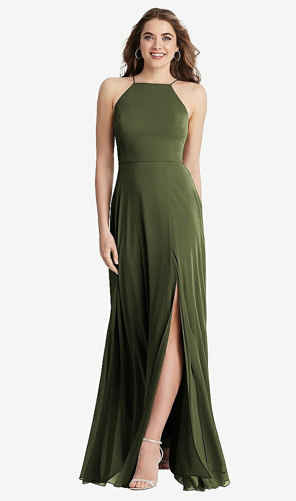 Front View - Olive Green High Neck Chiffon Maxi Dress with Front Slit - Lela