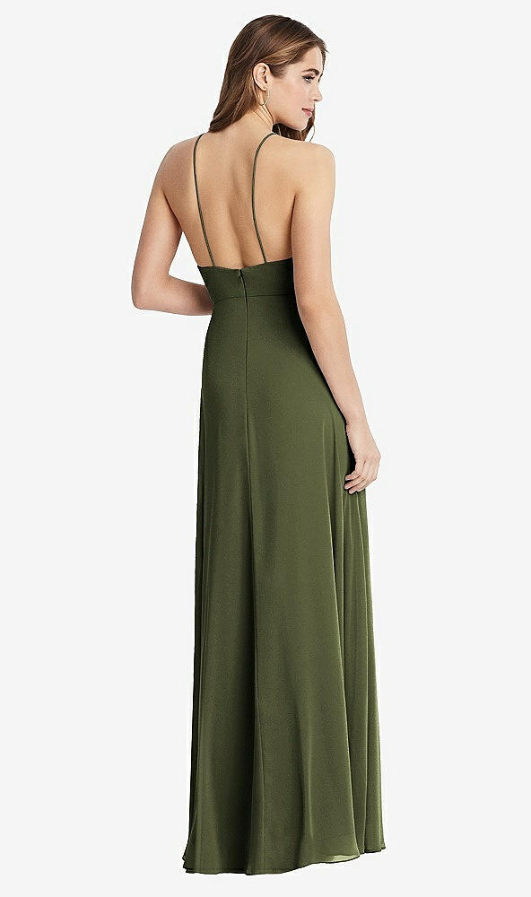 Back View - Olive Green High Neck Chiffon Maxi Dress with Front Slit - Lela