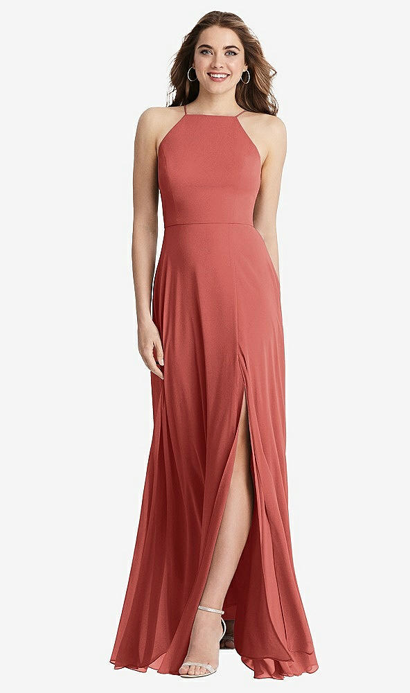 Front View - Coral Pink High Neck Chiffon Maxi Dress with Front Slit - Lela