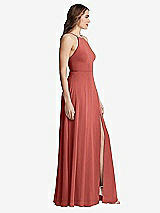 Side View Thumbnail - Coral Pink High Neck Chiffon Maxi Dress with Front Slit - Lela