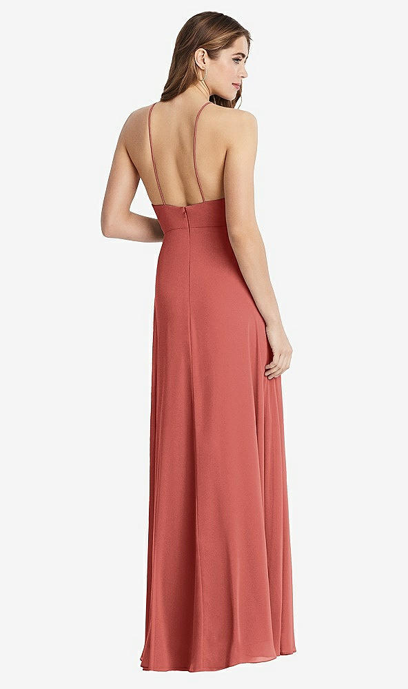 Back View - Coral Pink High Neck Chiffon Maxi Dress with Front Slit - Lela