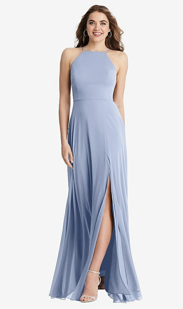 Front View - Sky Blue High Neck Chiffon Maxi Dress with Front Slit - Lela