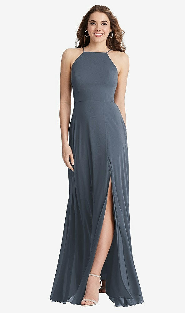 Front View - Silverstone High Neck Chiffon Maxi Dress with Front Slit - Lela