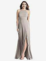 Front View Thumbnail - Taupe High Neck Chiffon Maxi Dress with Front Slit - Lela