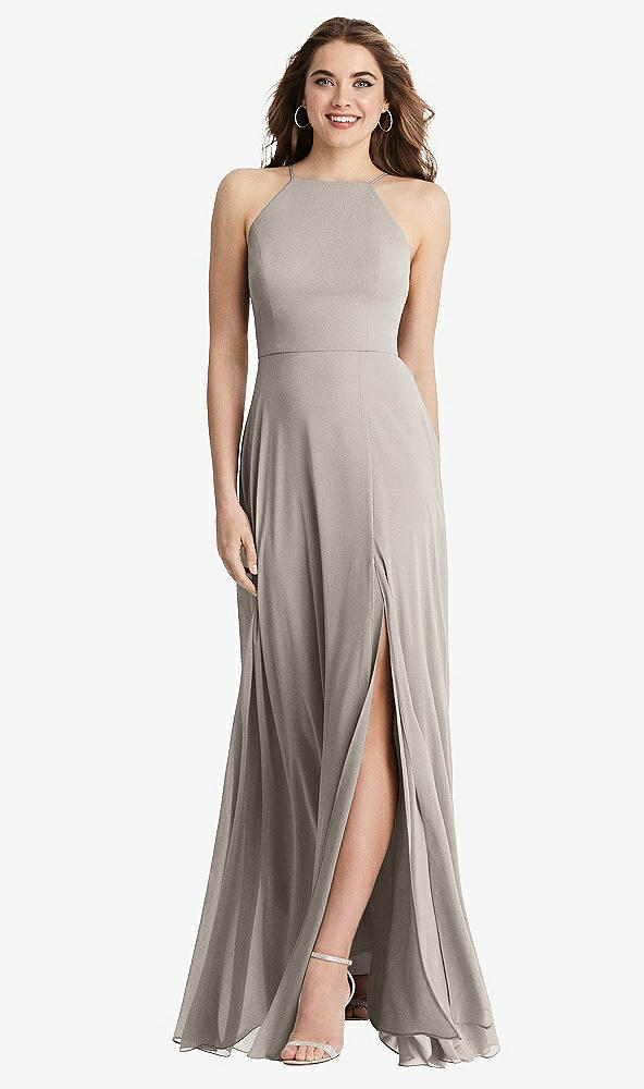 Front View - Taupe High Neck Chiffon Maxi Dress with Front Slit - Lela