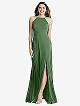 Front View Thumbnail - Vineyard Green High Neck Chiffon Maxi Dress with Front Slit - Lela