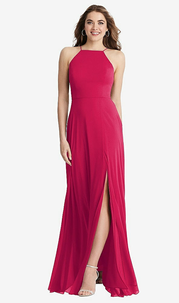 Front View - Vivid Pink High Neck Chiffon Maxi Dress with Front Slit - Lela