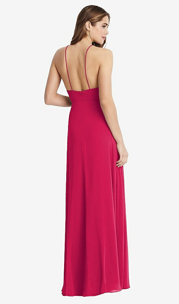 Back View - Vivid Pink High Neck Chiffon Maxi Dress with Front Slit - Lela