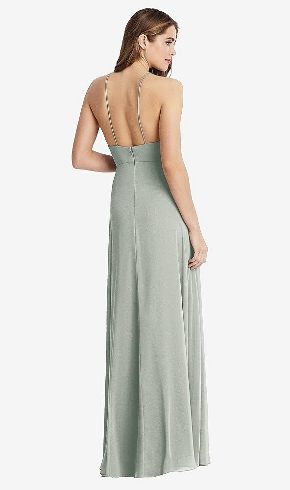 Back View - Willow Green High Neck Chiffon Maxi Dress with Front Slit - Lela