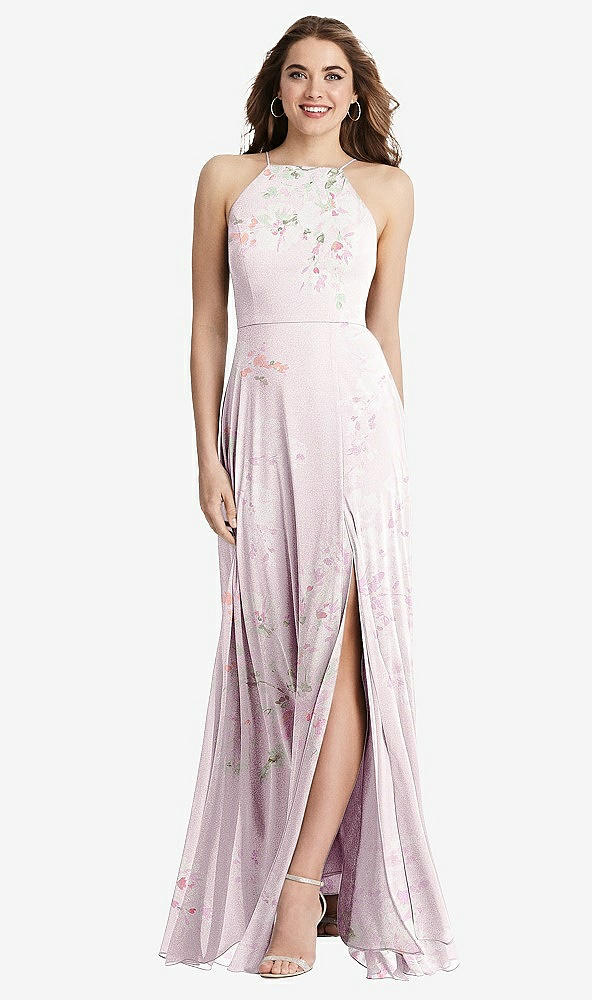 Front View - Watercolor Print High Neck Chiffon Maxi Dress with Front Slit - Lela