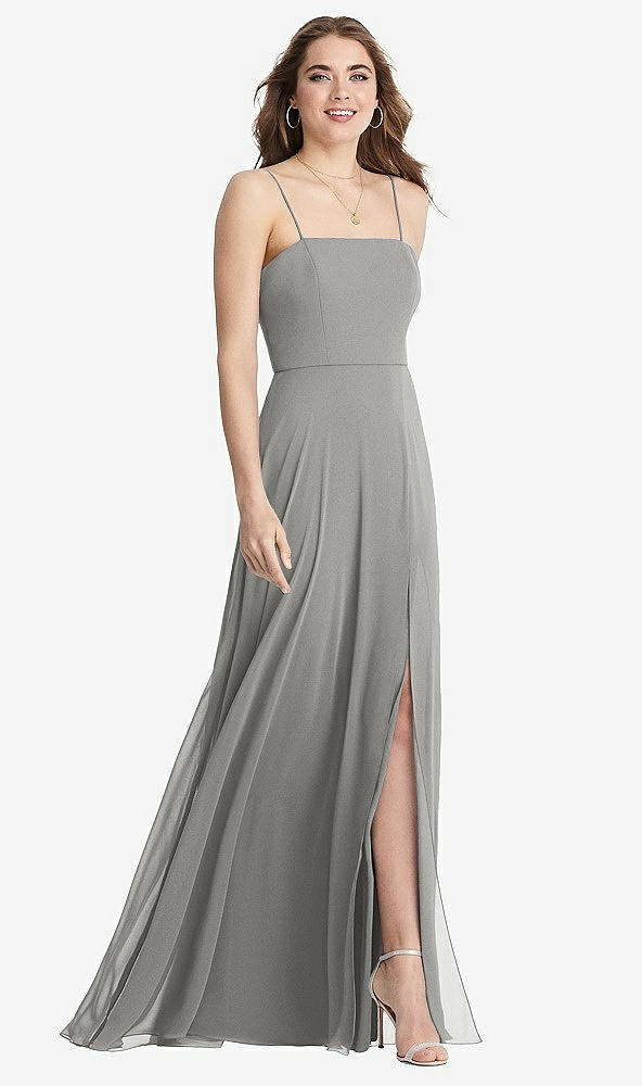 Front View - Chelsea Gray Square Neck Chiffon Maxi Dress with Front Slit - Elliott