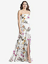 Front View Thumbnail - Butterfly Botanica Ivory Square Neck Chiffon Maxi Dress with Front Slit - Elliott