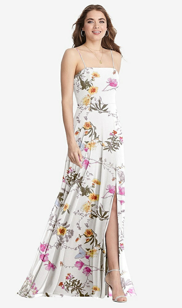 Front View - Butterfly Botanica Ivory Square Neck Chiffon Maxi Dress with Front Slit - Elliott