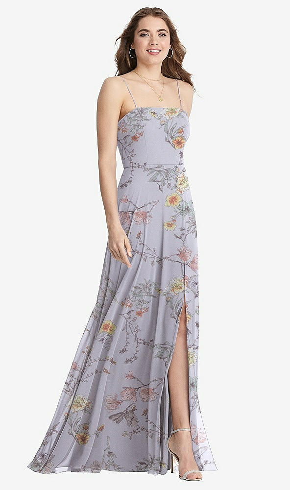 Front View - Butterfly Botanica Silver Dove Square Neck Chiffon Maxi Dress with Front Slit - Elliott