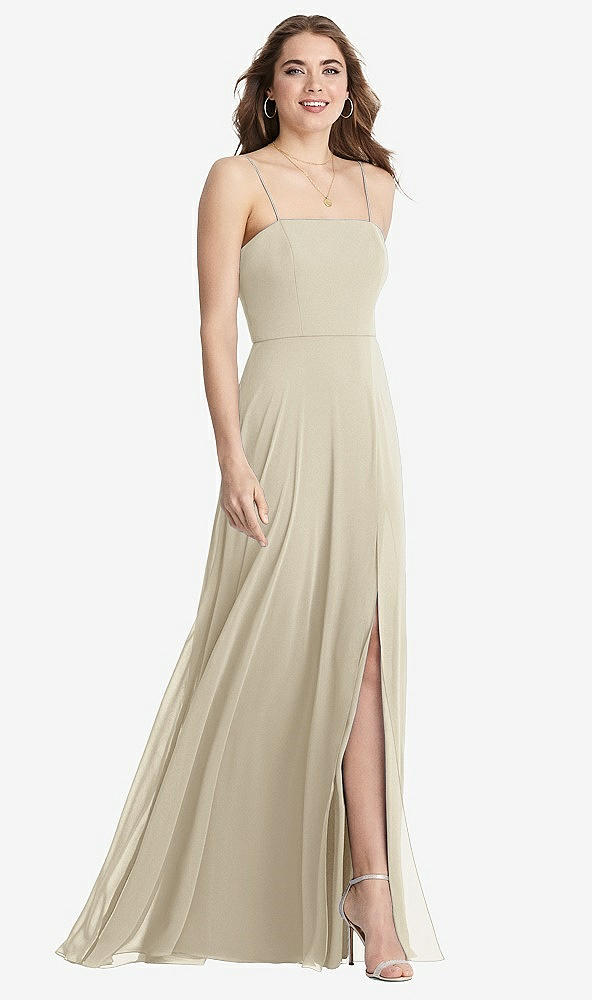 Front View - Champagne Square Neck Chiffon Maxi Dress with Front Slit - Elliott