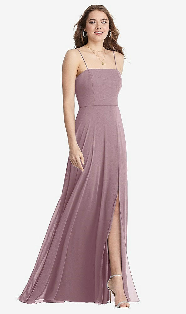 Front View - Dusty Rose Square Neck Chiffon Maxi Dress with Front Slit - Elliott